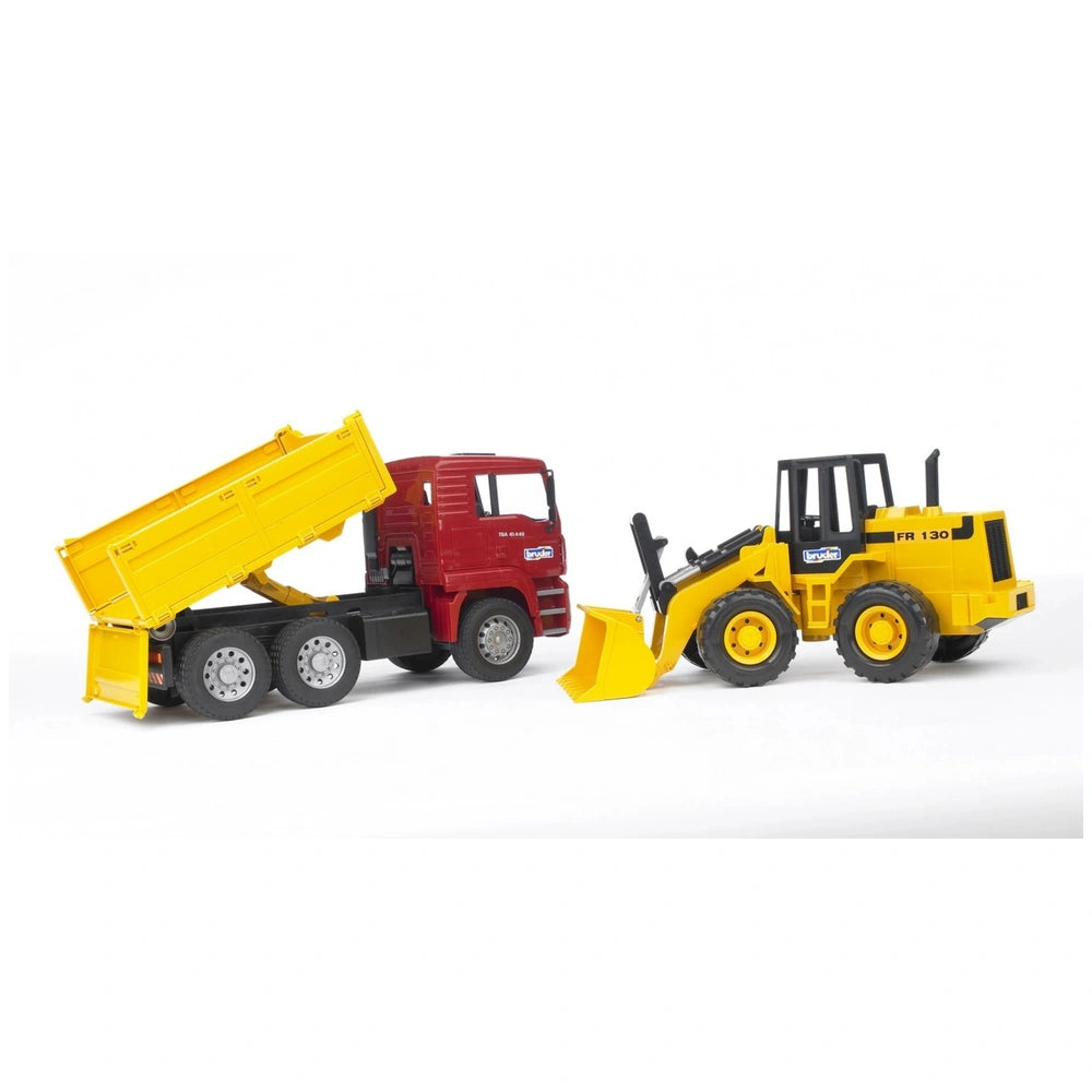 Red construction truck with tilted yellow bed and yellow articulated road loader on white background.