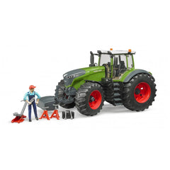 Bruder Fendt 1050 Vario tractor with mechanic figure, tools, and jack, featuring realistic details and green-red color scheme.