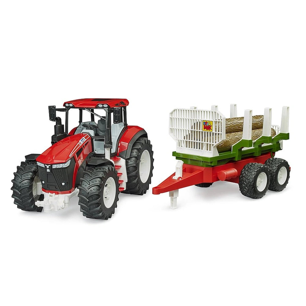 Red Bruder ROADMAX tractor with forwarding trailer carrying tree trunks.