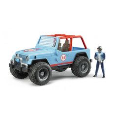 Blue Bruder Jeep Cross Country Racer with driver figure, featuring rubber tires and red roll bars.