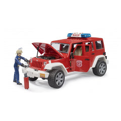 Red Jeep Wrangler Fire Department toy with open hood, visible firefighter figure interacting with engine, showcasing realistic details.