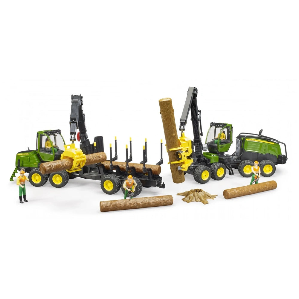 Toy John Deere 1270G Harvester set with logs and figures, featuring detailed forestry machinery and tree trunk elements.