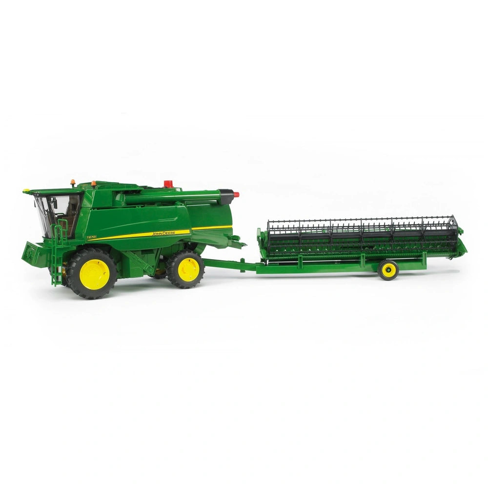John Deere T670i combine harvester toy, green with yellow wheels; detailed replica by Bruder.