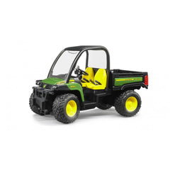 John Deere Gator XUV 855D toy vehicle, green and black with yellow seats and tires, featuring opening doors.