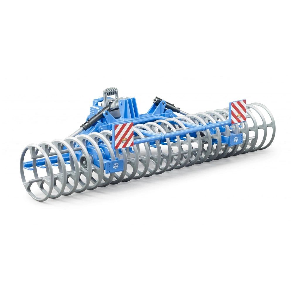 Blue and silver Bruder Lemken VarioPack toy roller with striped panels, showcasing realistic agricultural design.