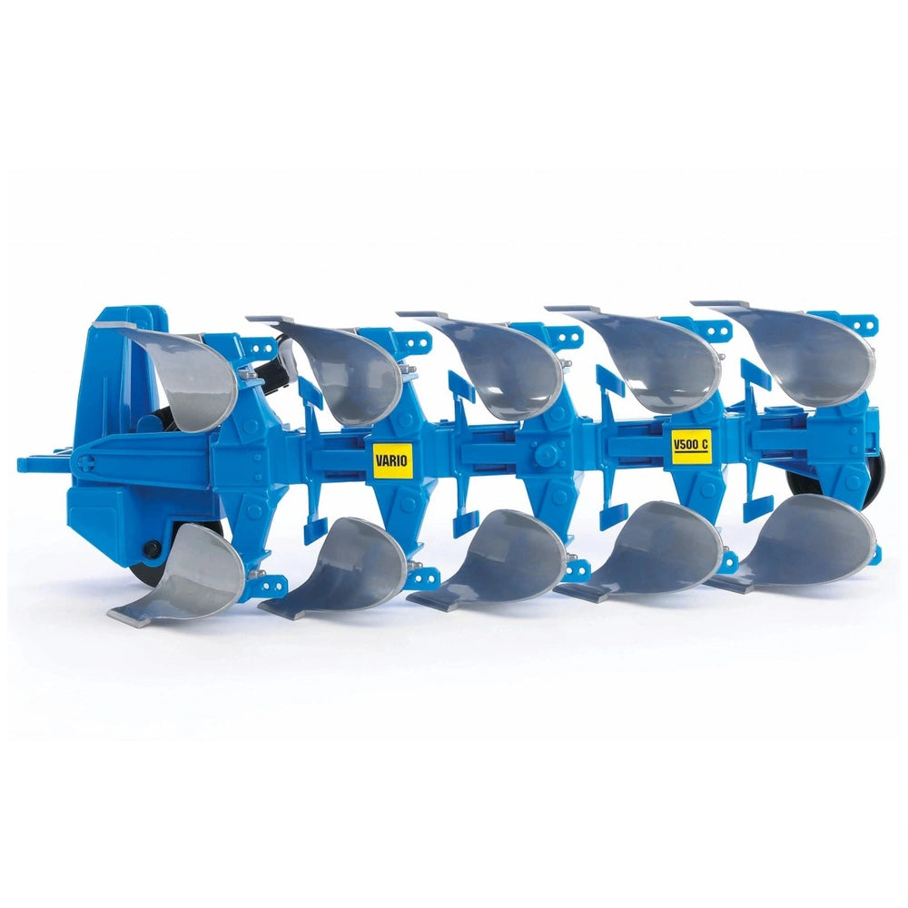Blue and gray toy plough with multiple blades, designed for attachment to Bruder tractors.