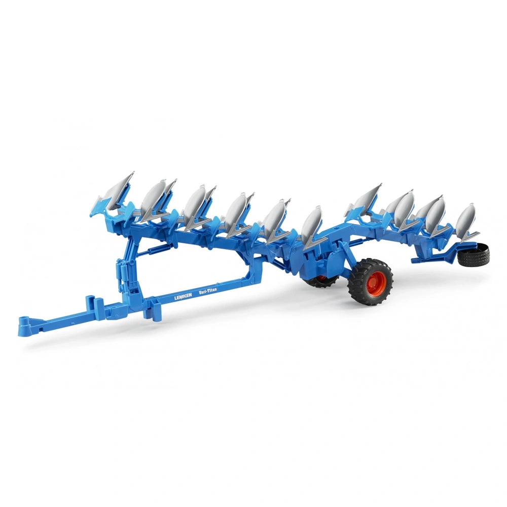 Blue Bruder LEMKEN Vari Titan plough toy with silver blades and red wheels, designed for authentic farming simulation.
