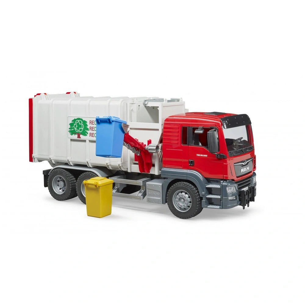 Red and white Bruder MAN TGS toy garbage truck with side-loading blue bin lifter and yellow recycling bin.