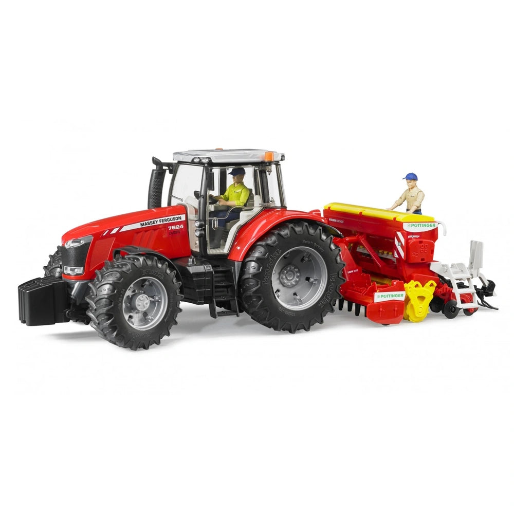 Red Massey Ferguson 7624 tractor toy with trailer, featuring realistic details and two figures, ideal for imaginative play.