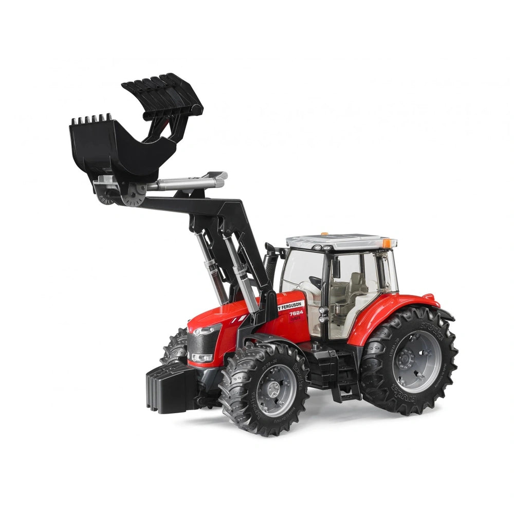 Red toy tractor with functional black front loader, realistic rubber tires, and detailed cabin, representing the Bruder Massey Ferguson 7624.