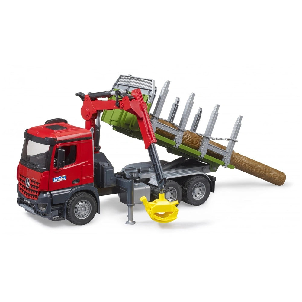 Red Bruder MB Arocs timber truck with crane, yellow grab, and three logs on a green tilting trailer.
