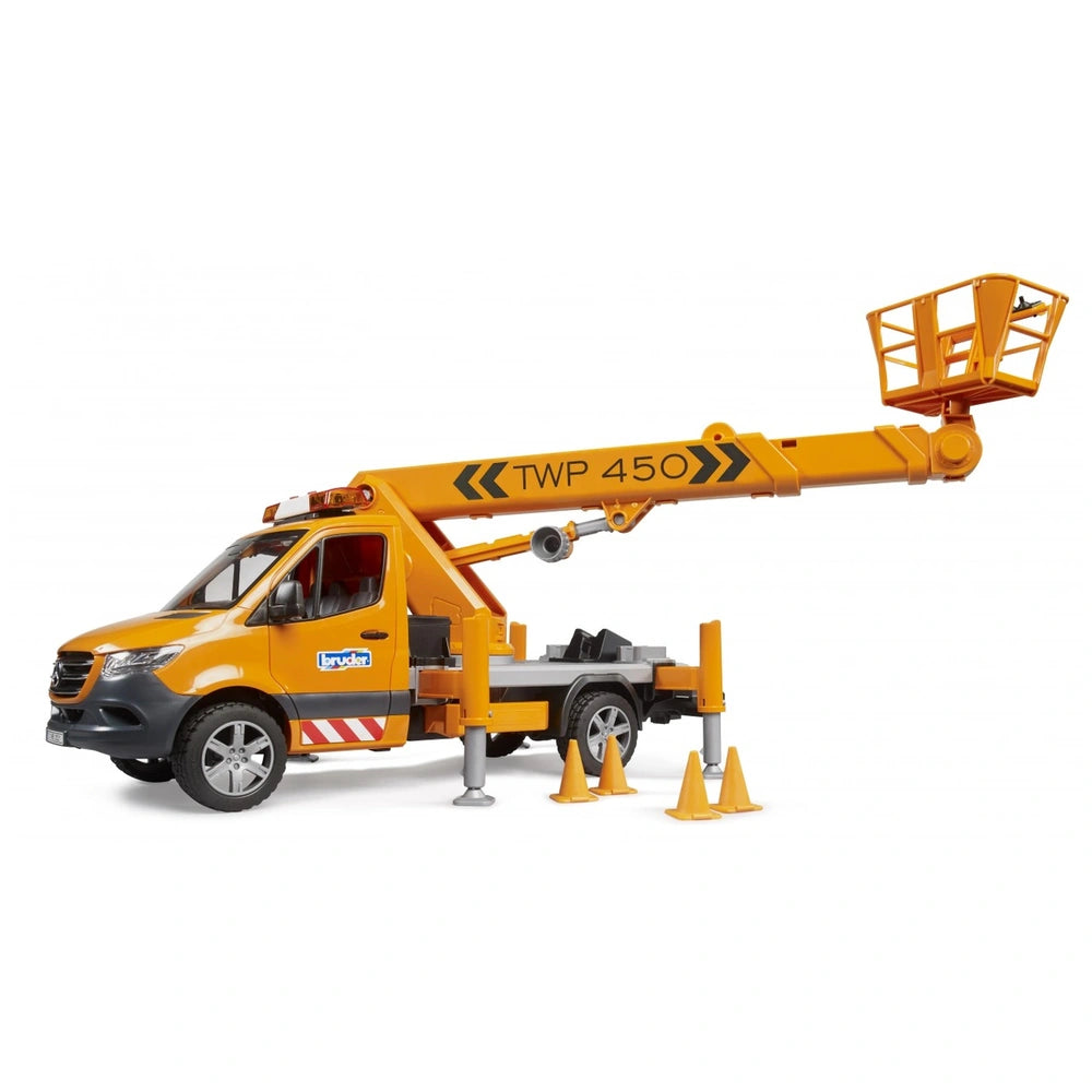 Bruder MB Sprinter toy truck with extendable work platform and orange cones on a white background.