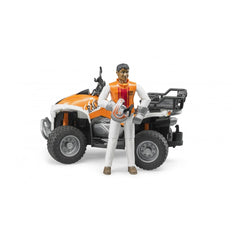 Toy quad with driver in orange vest, featuring detailed wheels and handlebars, ideal for imaginative off-road play.