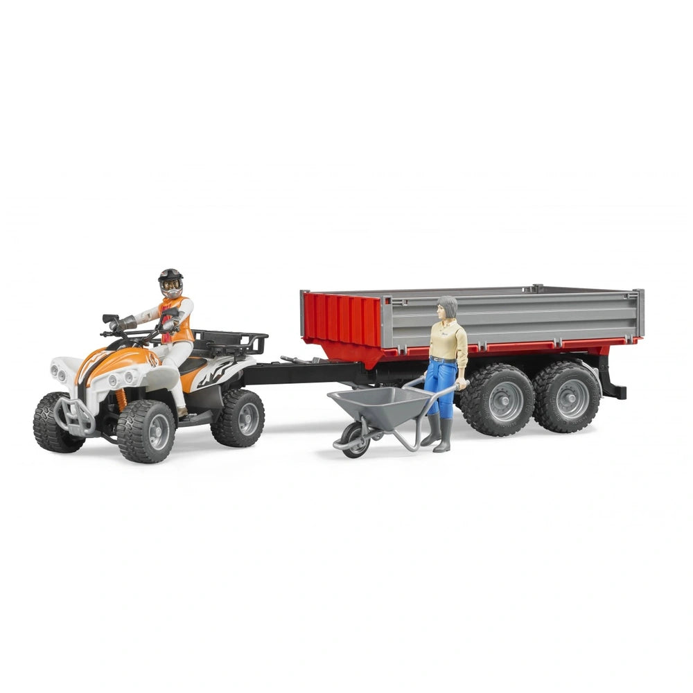 Bruder toy set with a quad bike, driver in helmet, and red trailer. Includes a woman figure with a wheelbarrow.