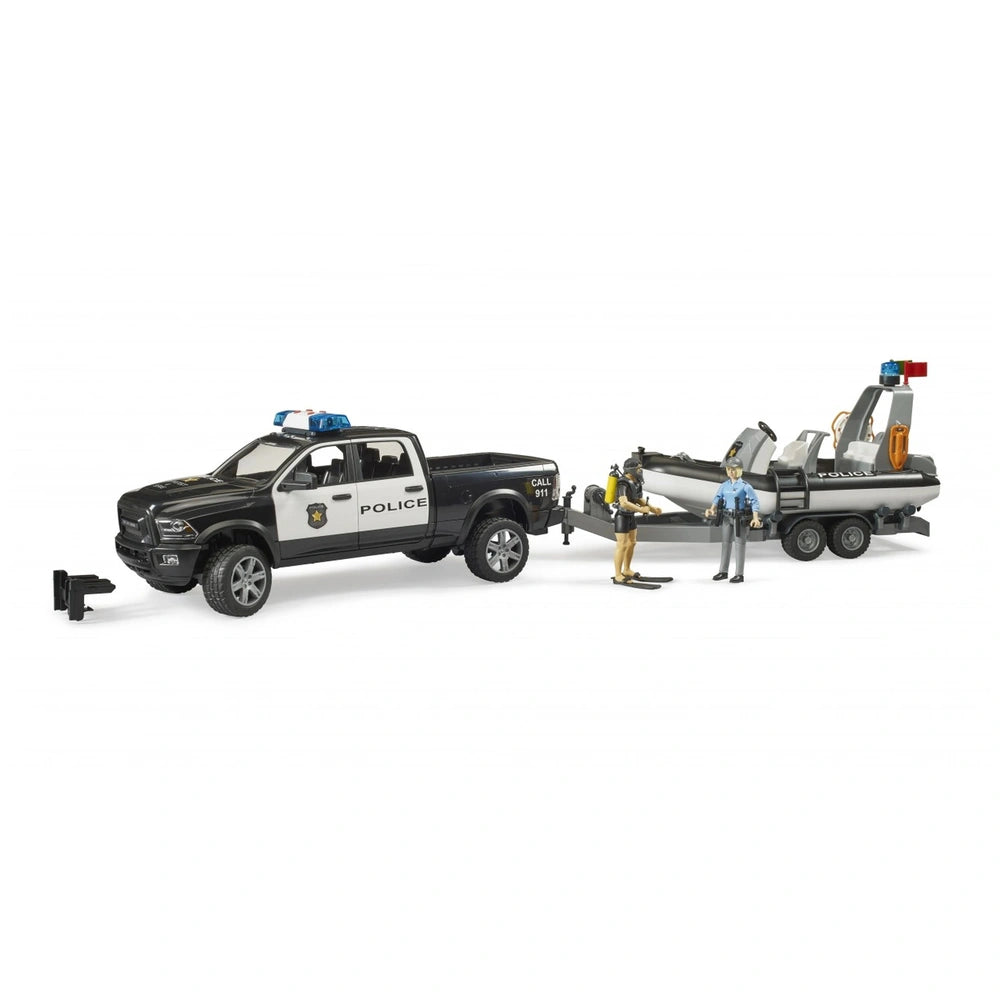 Bruder RAM 2500 police pickup with trailer and boat, featuring two figures in uniform, for kids aged 4 and up.