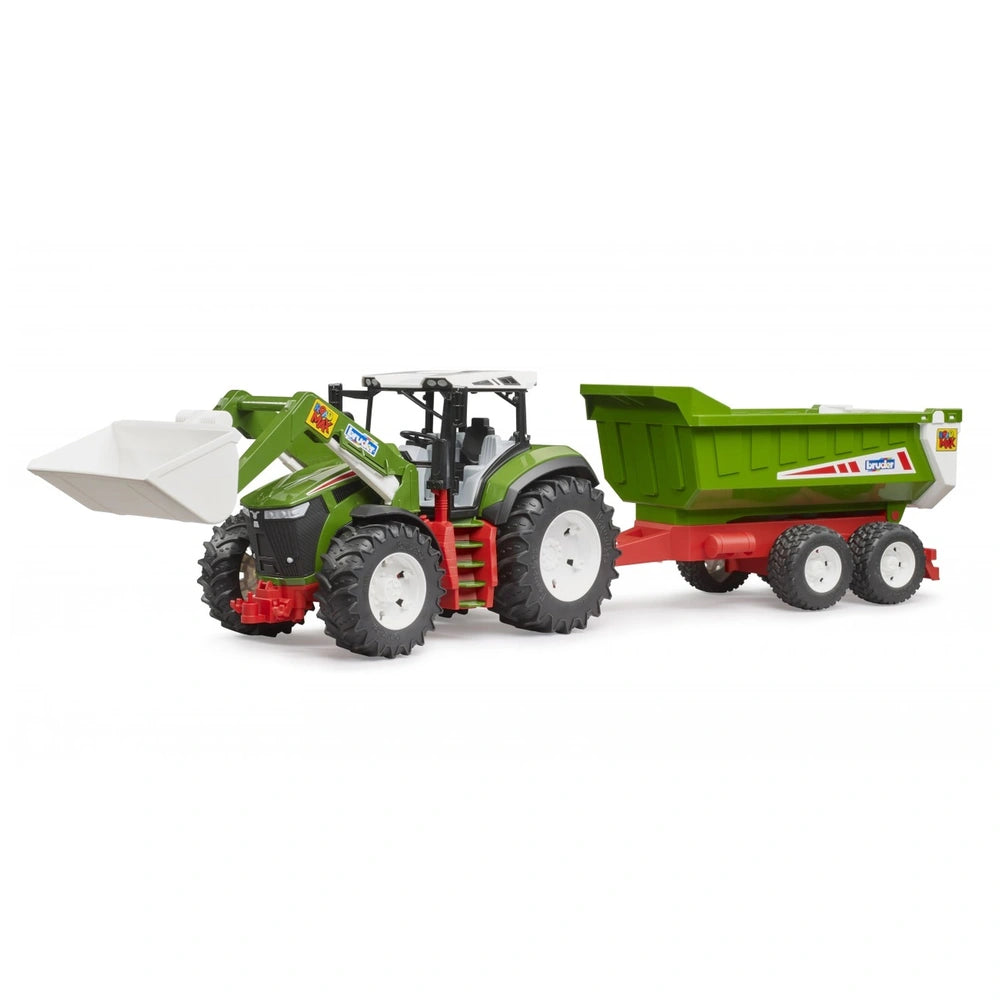 Bruder green tractor with frontloader and red rear tipper, designed for kids' play.