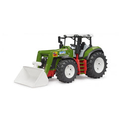 Green Bruder Roadmax tractor with frontloader, large tread tires, and detailed cab on a white background.