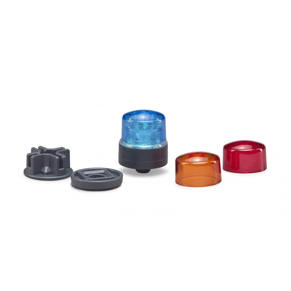 Bruder rotating beacon light with blue, orange, red covers, and two base attachments on white background.