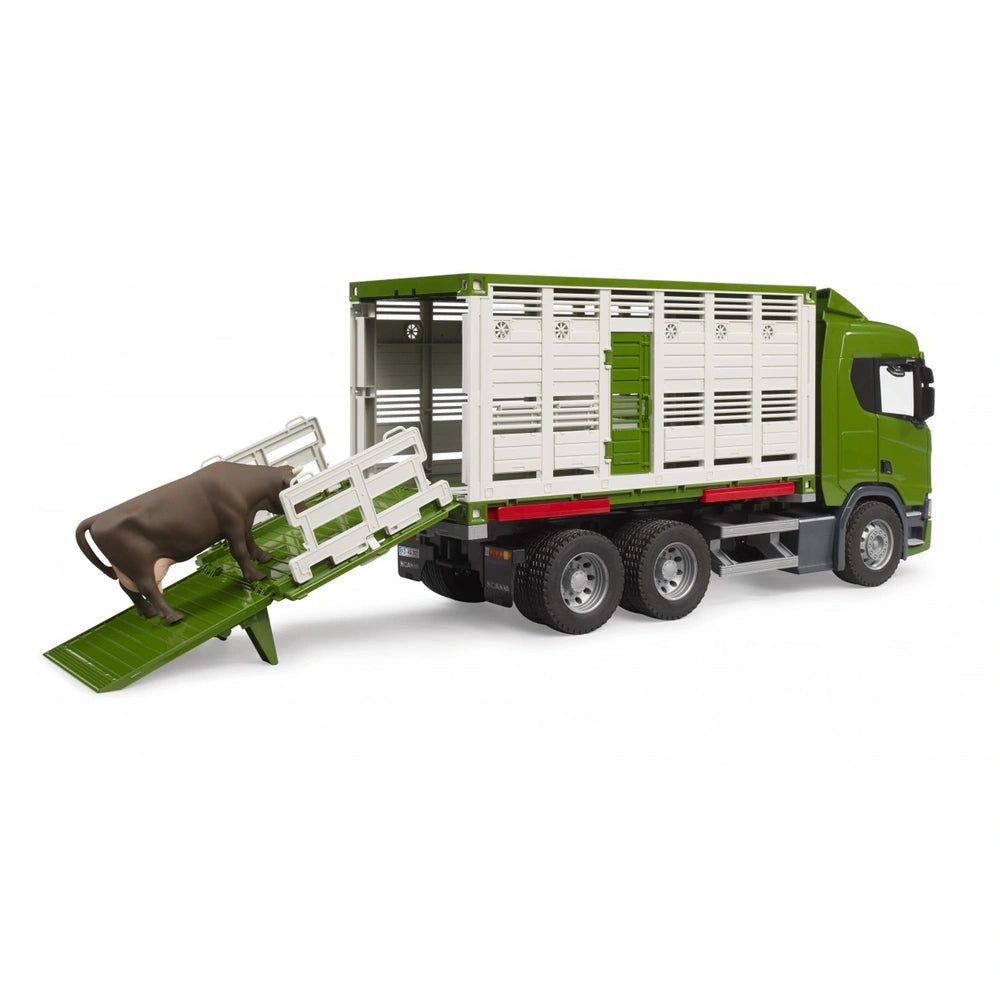 Green and white toy cattle transport truck with brown cow on ramp.