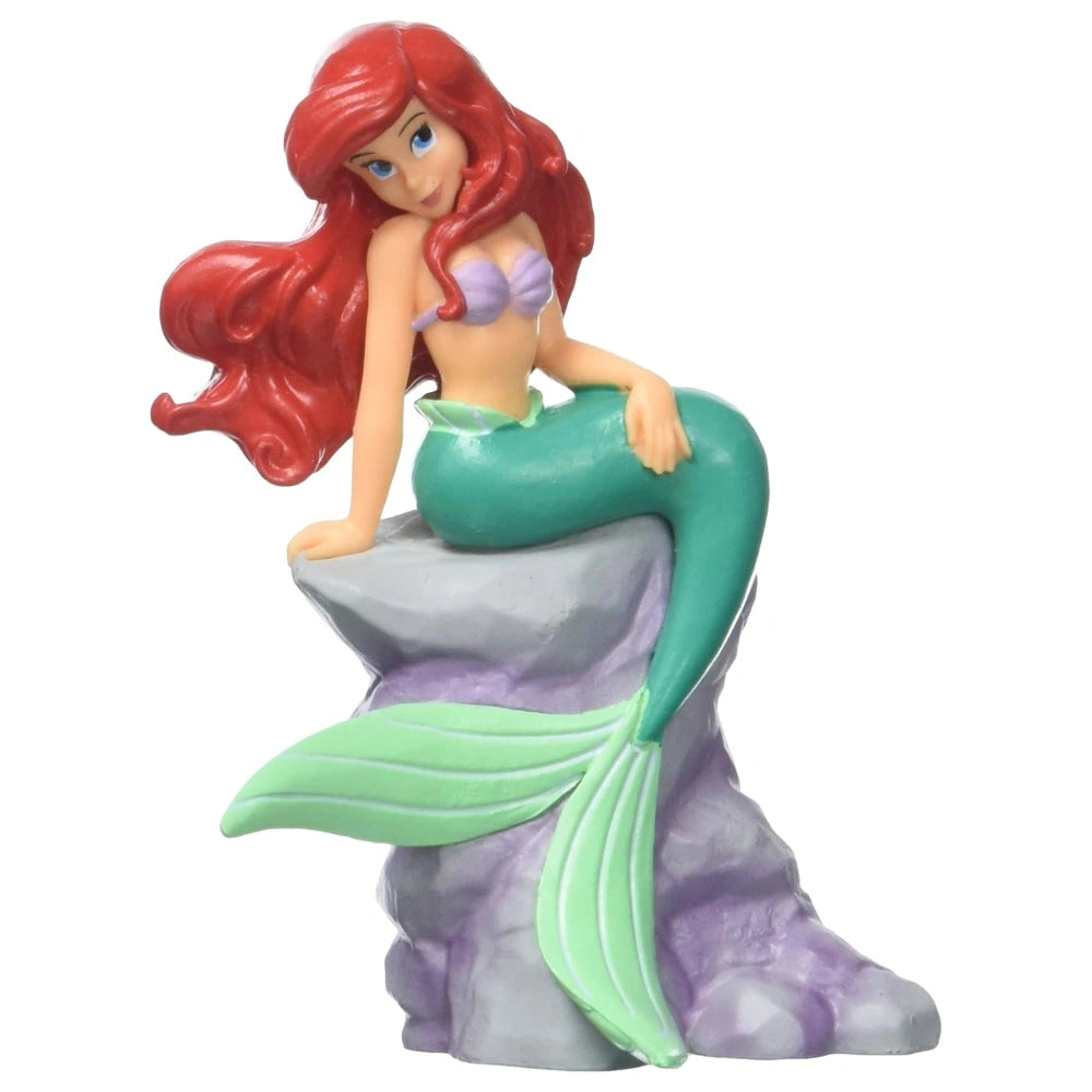 Bullyland Ariel doll figure, 8 cm, features red hair, blue bikini top, green tail, and purple base, made of plastic.