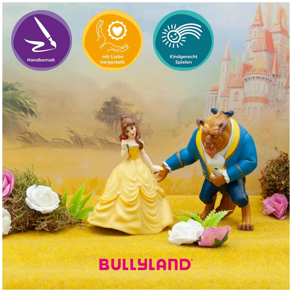 Bullyland Disney Belle toy figure in yellow dress with pink flower, blue figure, and castle on gradient yellow-orange packagi