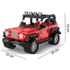 CaDA Adventure Off-Roader Jeep construction set features a red glossy body, black roof rack, and clear plastic headlights and