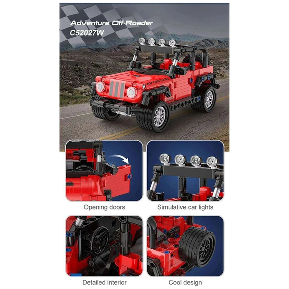 CaDA Adventure Off-Roader Jeep construction set toy in red with black wheels and silver accents, featuring detailed interior 