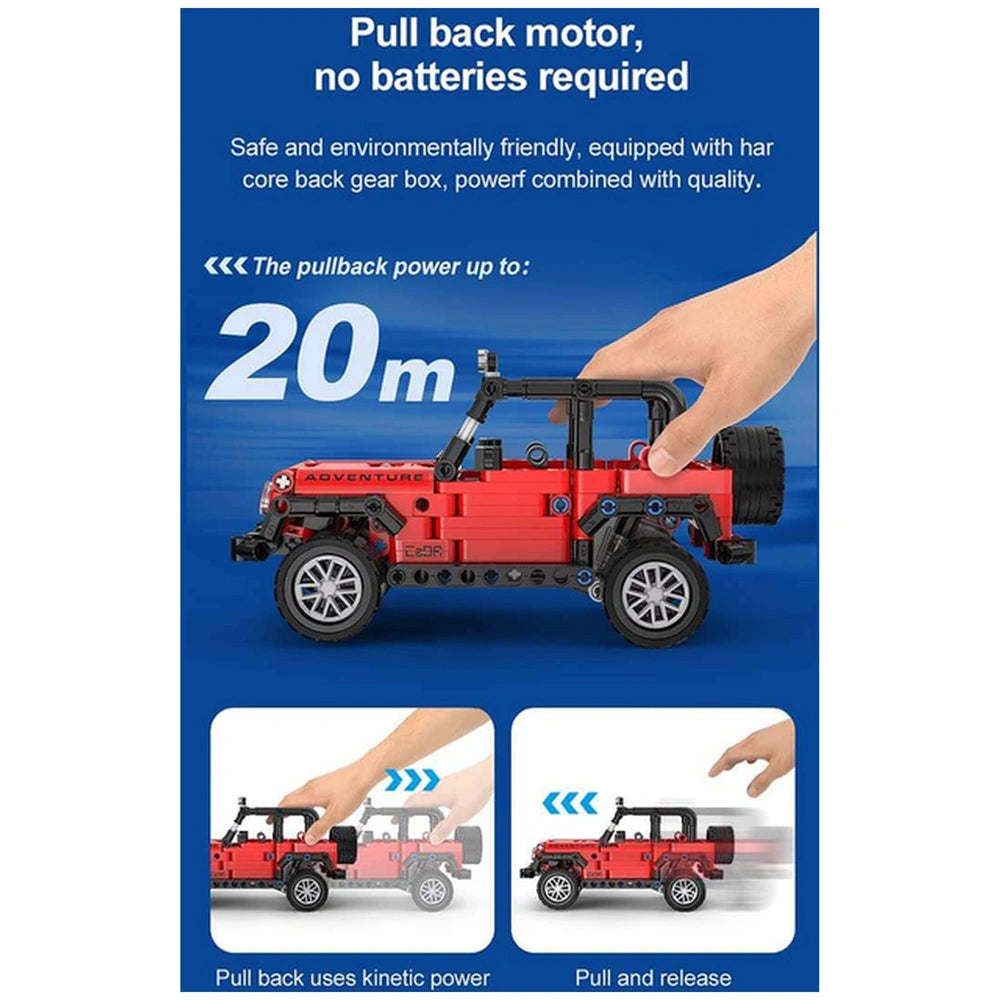CaDA Adventure Off-Roader Jeep construction set, red toy truck with black wheels, displayed on blue packaging with white text
