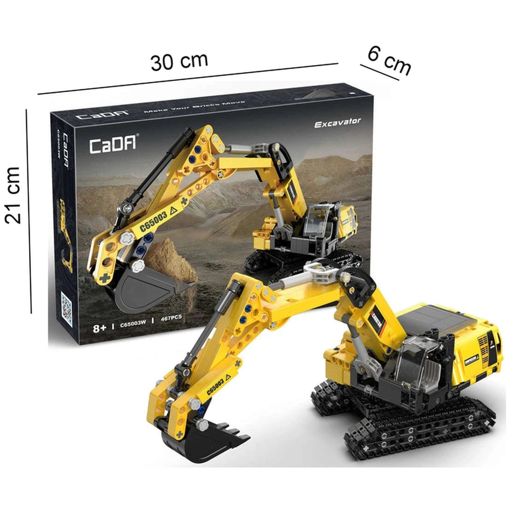 CaDA Excavator 360 Rotation construction set in a cardboard box featuring a plastic window and vibrant yellow and black toy c