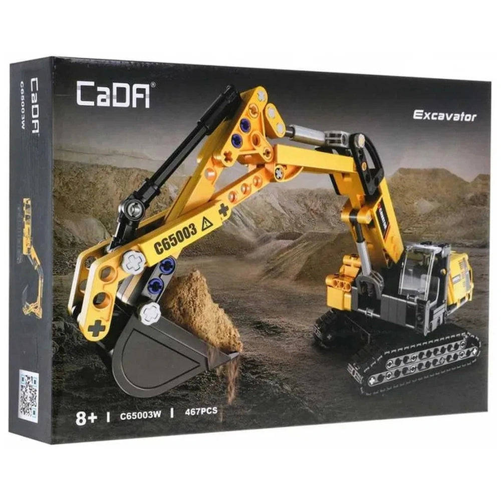 CaDA Excavator 360 Rotation construction set in yellow and black, displayed in cardboard packaging with a clear plastic windo