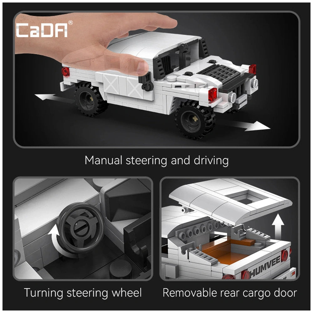 CaDA Humvee C-Series car construction set features a white body, black tires, black steering wheel, and orange rear cargo doo