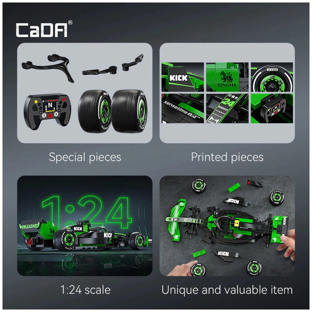 CaDA KICK SAUBER F1 Team C44 construction set toy in glossy packaging with black and green accents on a reflective surface.