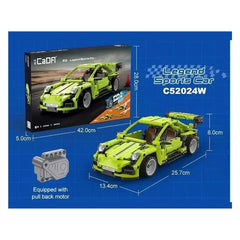 CaDA Legend Car Pull Back System features a green and yellow plastic toy car displayed on blue retail packaging.