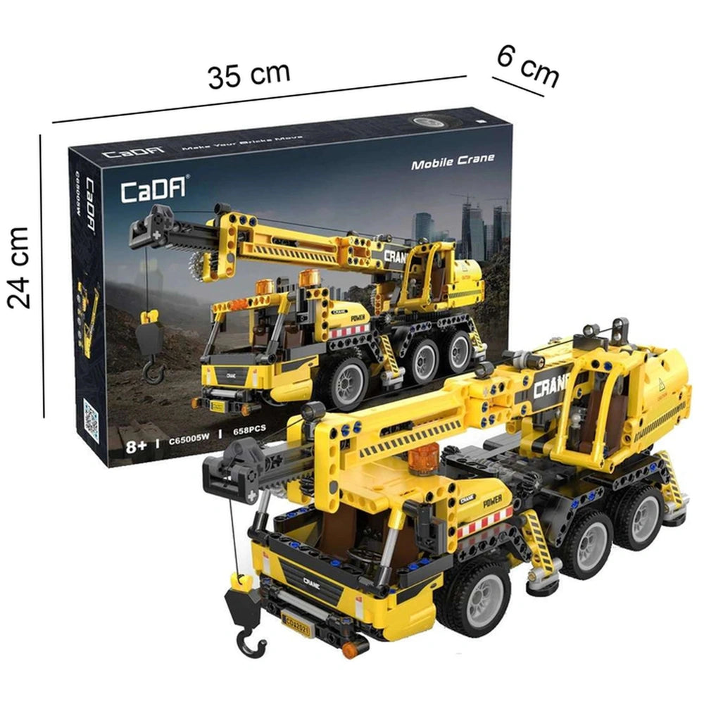 CaDA Mobile Crane Truck construction set features a yellow plastic crane with extended boom, black wheels, and a matte packag