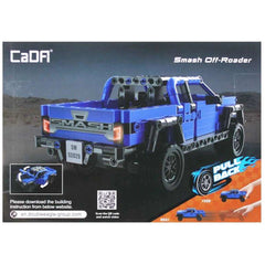 CaDA Smash Off-Roader Pickup construction set features a blue plastic truck with black wheels and clear windows on retail pac