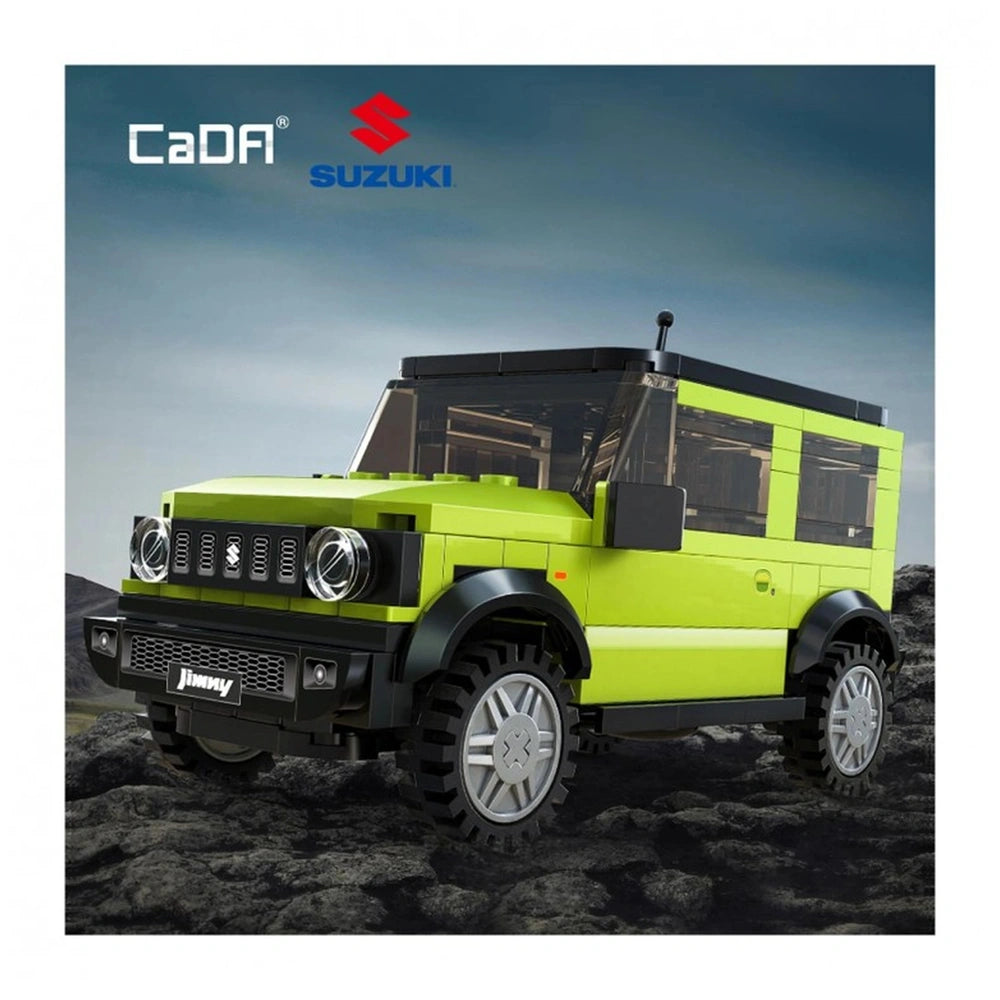 CaDA Suzuki Jimny car construction set in green Lego bricks with black tires, roof, and bumpers, displayed front view.