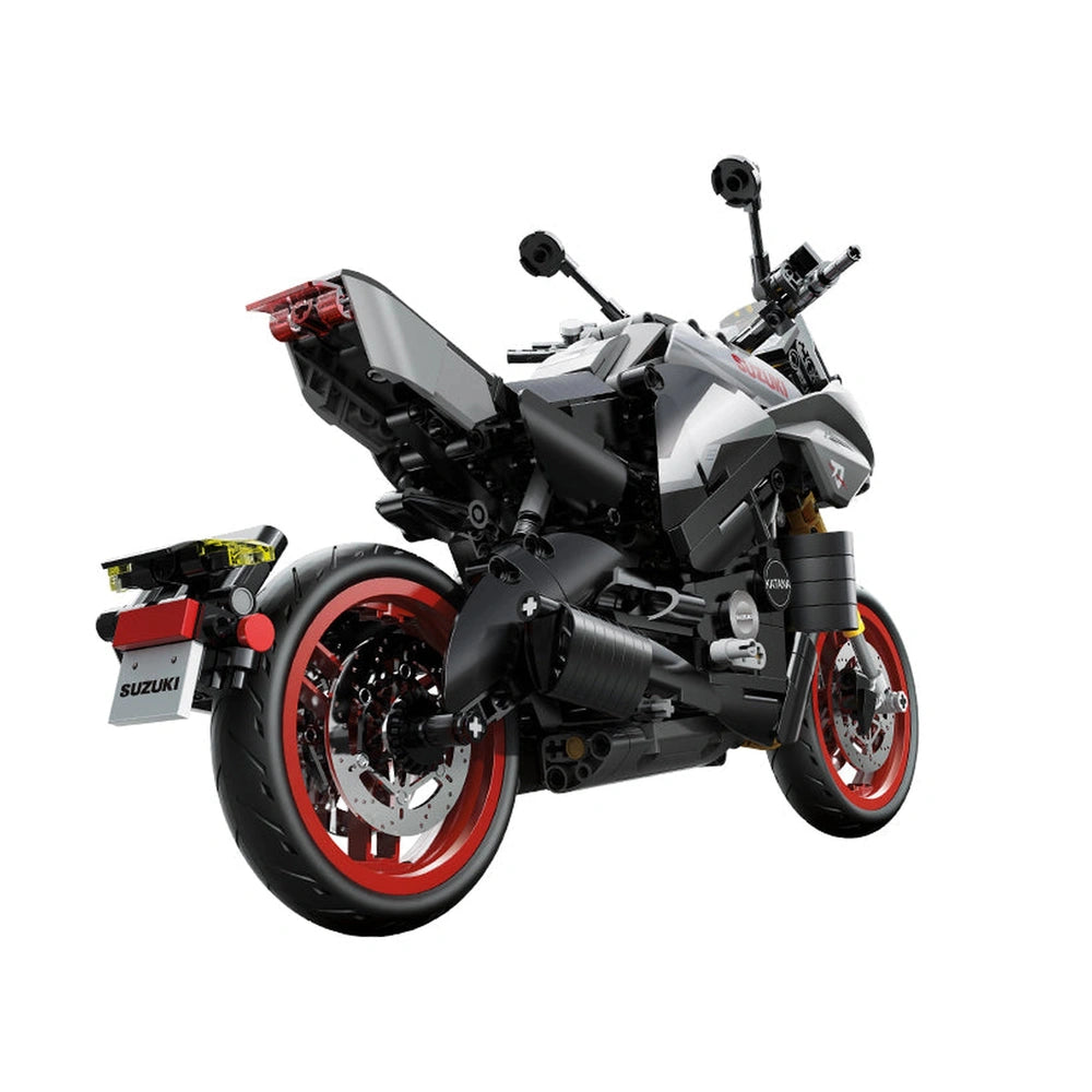CaDa Suzuki Katana motorcycle construction set featuring a red front wheel, black frame, and silver engine in a front view la