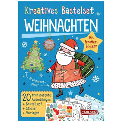 CARLSEN Christmas arts and crafts kit packaging featuring a cartoon Santa, colorful text, and glossy blue background.