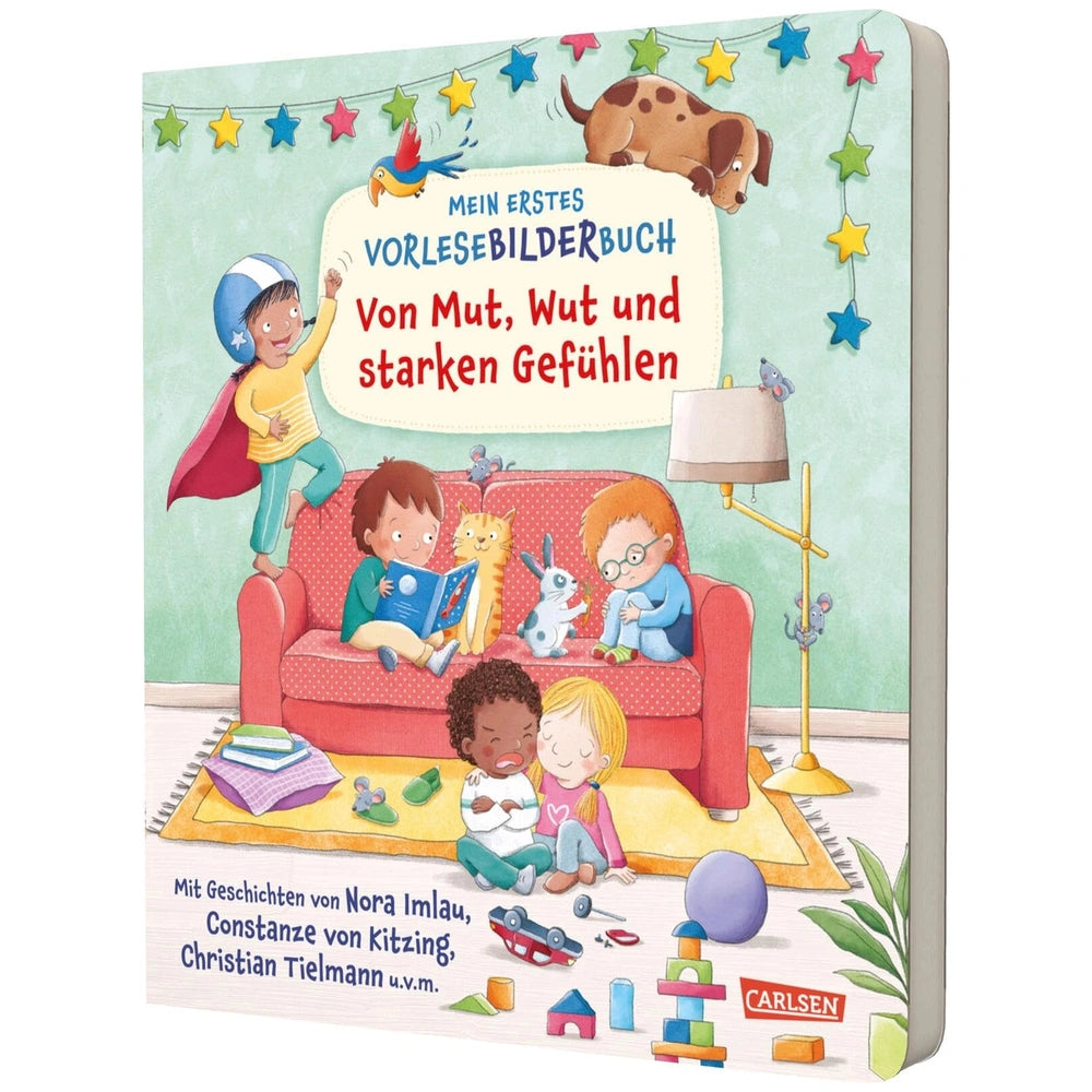 CARLSEN - Mein-Erstes-Vorlese-Bilder-Buch features a glossy title on a light blue matte cardboard cover with colorful stars a