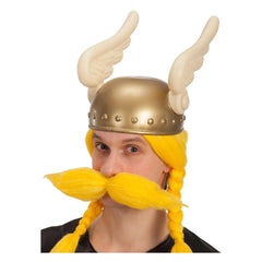 Asterix adult Viking helmet in gold with yellow hair, mustache, and white wings for fun role play.