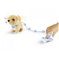 Loomy Golden Retriever plush toy with a blue bandana, standing on a smooth white surface.