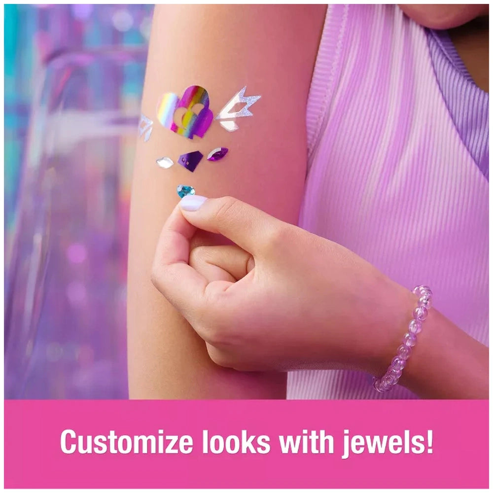 Cool Maker Shimmer Me Body Art Set showcases a woman's arm adorned with a vibrant temporary tattoo featuring geometric shapes