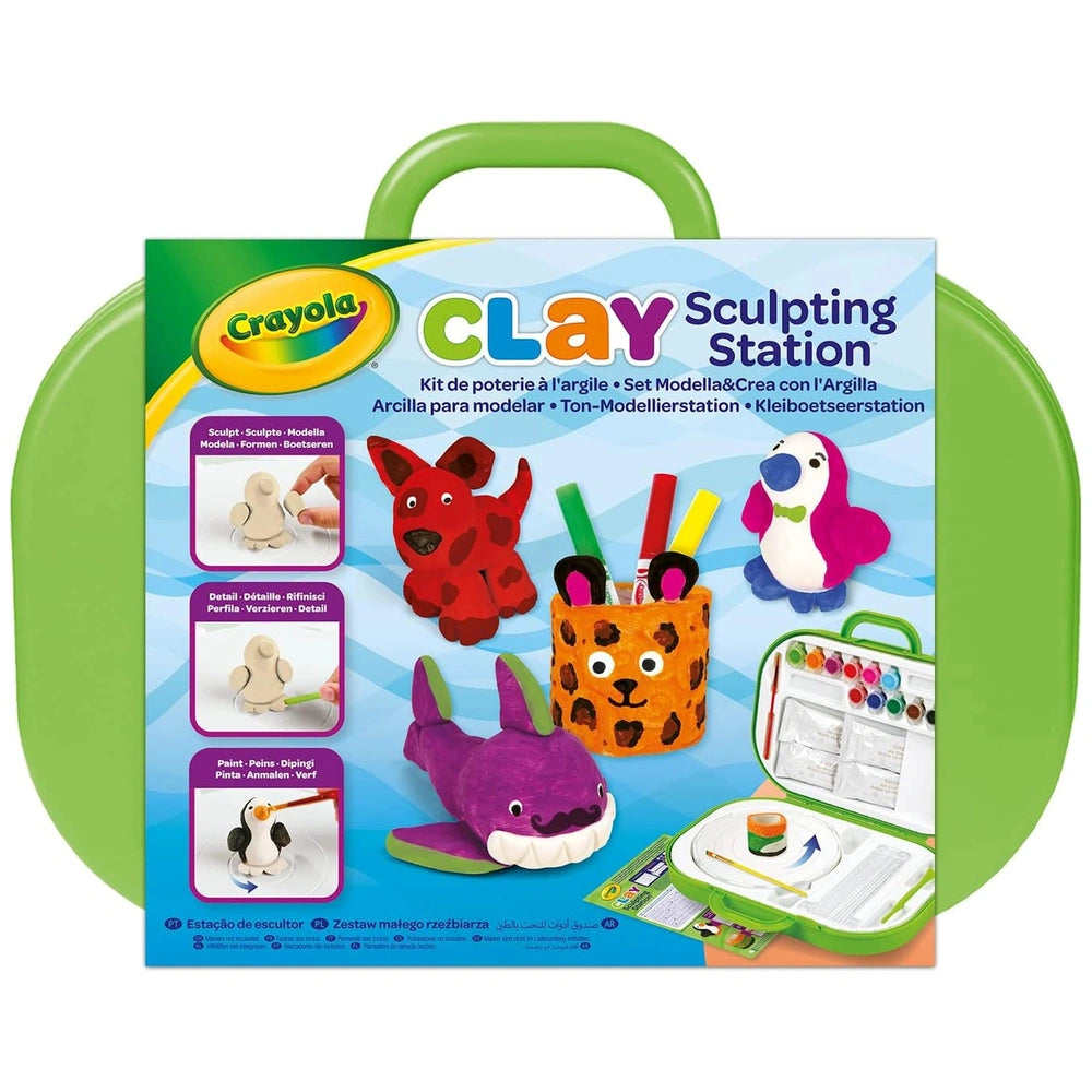 CRAYOLA Clay Sculpting Station packaging features glossy material with a blue and white pattern and colorful animal images.