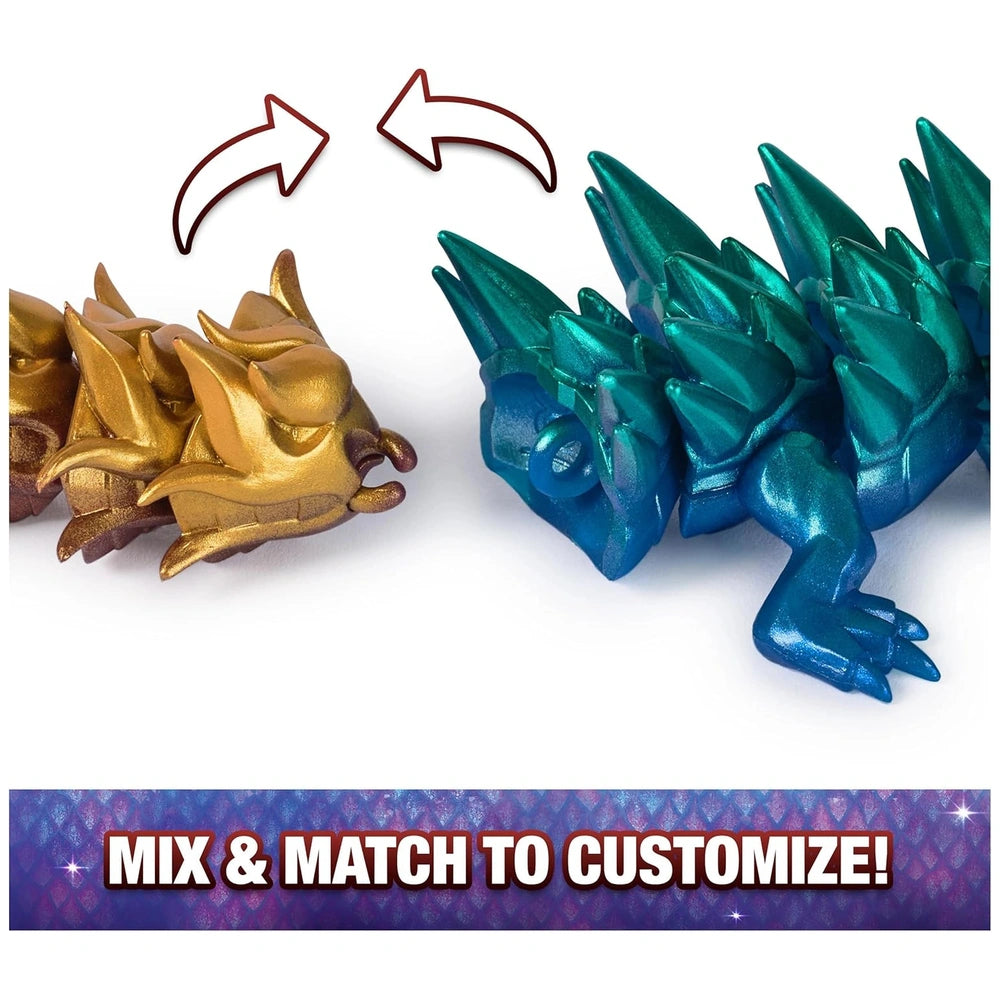 Articulated dragon figures in gold and blue with shiny surfaces and exaggerated features, promoting customization options.