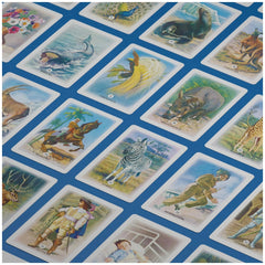 Dal Negro Il Mercante In Fiera deck with glossy white cards featuring colorful animal illustrations on a blue background.