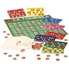 Dal Negro La Tombola board game features glossy playing cards in red, yellow, green, and blue, with scattered red and white c