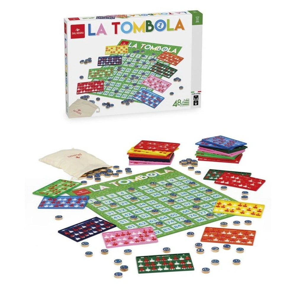 Dal Negro La Tombola board game packaging features colorful matte cardboard with a plastic window and game components.