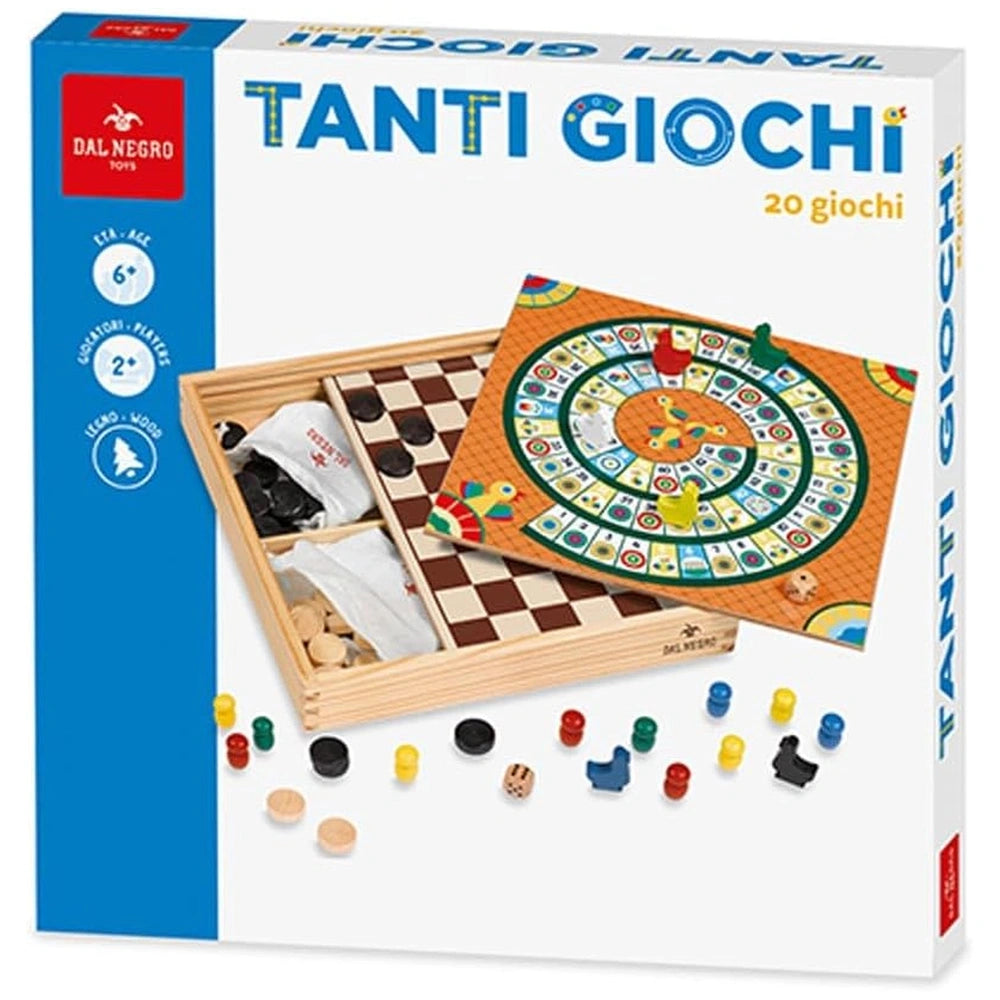 Dal Negro Many Games Wooden Board Games Set featuring Tantrum game board, pieces, and instructions in colorful packaging.