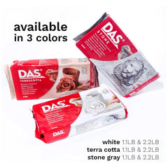 DAS Modeling Clay in red packaging features white and gray printed images, showcasing TerraCotta and Stone Gray varieties.