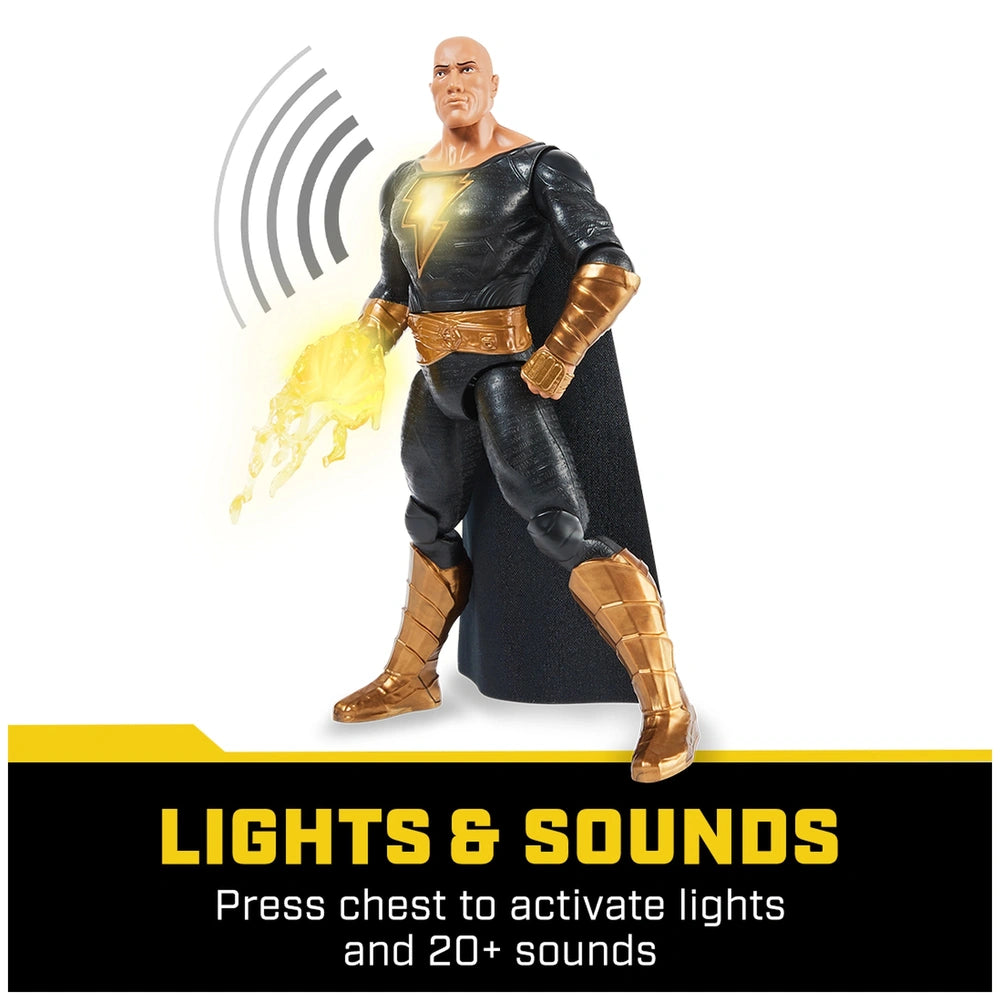 DC Comics Black Adam action figure stands dynamically in black and gold costume, showcasing lights and sounds features.